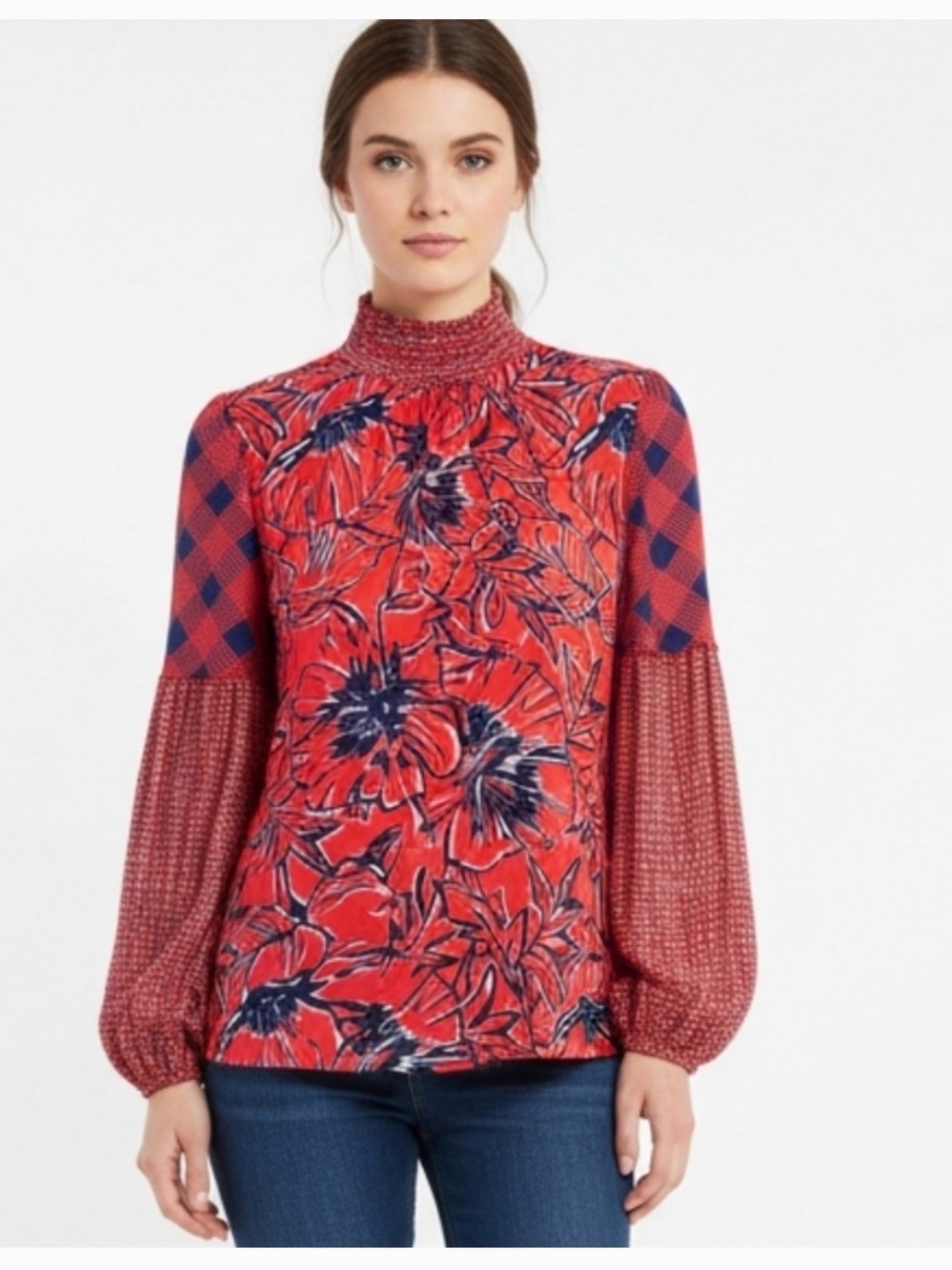 Anthropologie Bl^nk London Vivant Mix Print Red & Blue Mock Neck Peasant Blouse - Picture 3 of 7